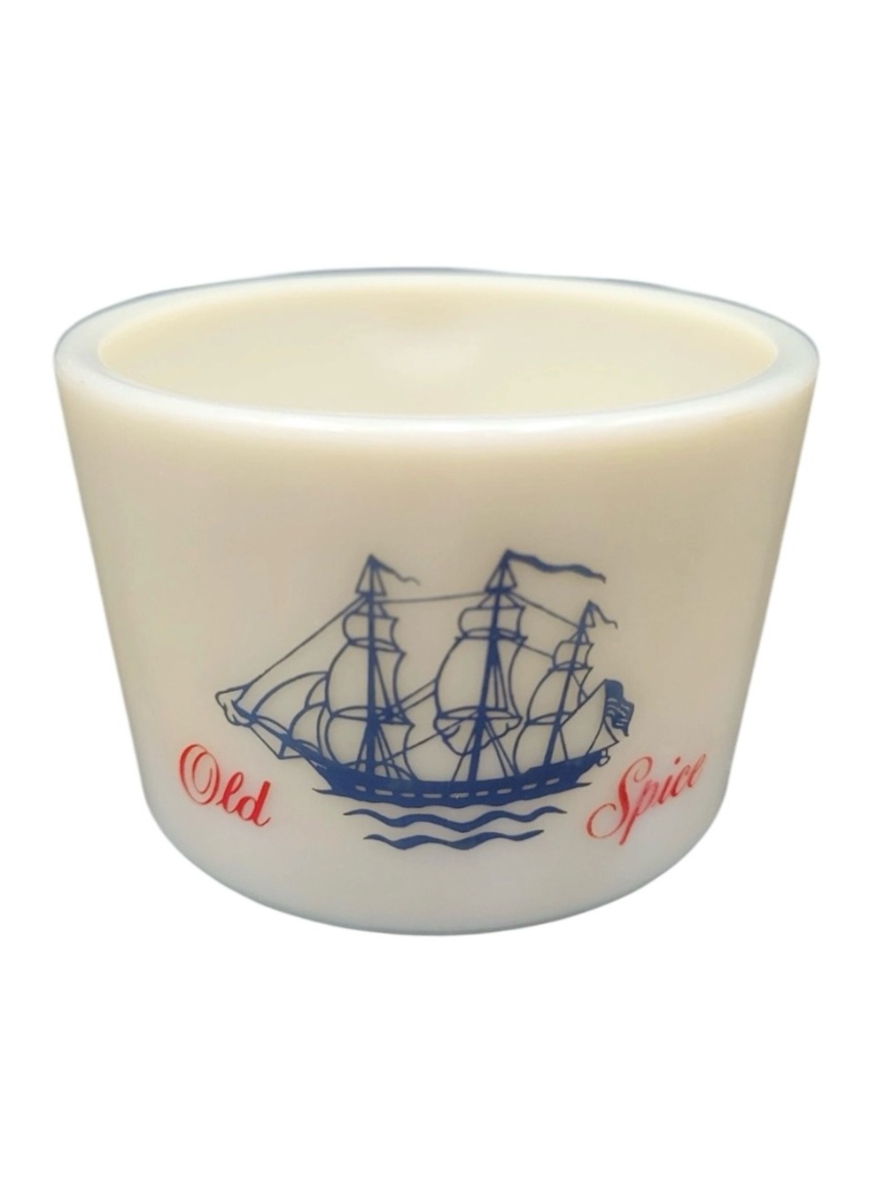 vintage Shulton Old Spice milk glass shaving mug featuring a blue sailing ship
